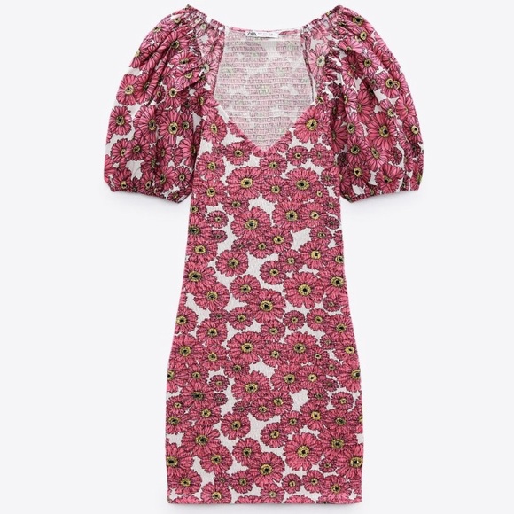 NEW ZARA PRINTED BALLOON SLEEVE DRESS MINI WOMENS SIZE S V NECK FLORAL SMOCKED - Picture 3 of 5